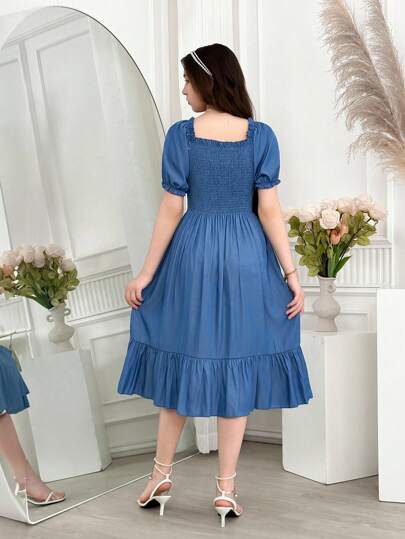 SHEIN فستان صيفي كاجوال للمراهقات، لون أحادي، مزين بأكمام متضخمة وفيونكة