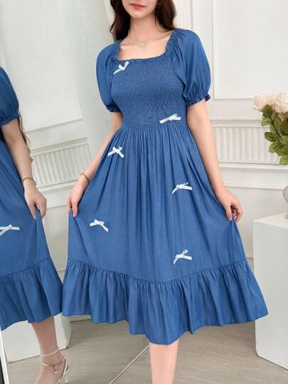 SHEIN فستان صيفي كاجوال للمراهقات، لون أحادي، مزين بأكمام متضخمة وفيونكة
