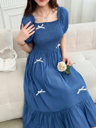 SHEIN فستان صيفي كاجوال للمراهقات، لون أحادي، مزين بأكمام متضخمة وفيونكة
