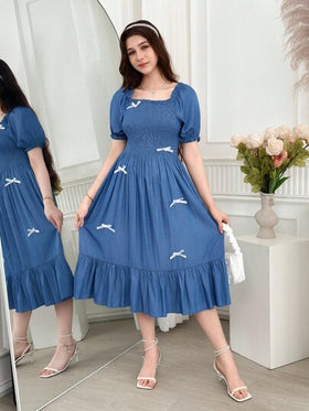 SHEIN فستان صيفي كاجوال للمراهقات، لون أحادي، مزين بأكمام متضخمة وفيونكة