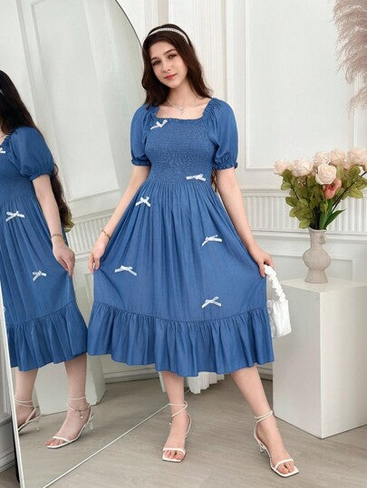 SHEIN فستان صيفي كاجوال للمراهقات، لون أحادي، مزين بأكمام متضخمة وفيونكة