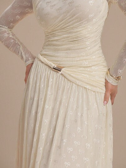 Modelyn فستان أنيق بياقة دائرية وأكمام طويلة مع كشكشة وربطة عنق من الشبك للنساء