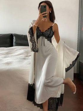 DAZY مجموعة بيجامات للنساء: رداء مزين بالدانتيل ذو لونين متباينين وحزام، وفستان نوم مخملي للخريف والشتاء رمضان