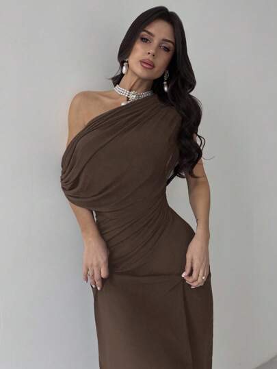 Firerie فستان نسائي أنيق جديد لفصل الصيف، قصير الأكمام بكتف غير متماثل، خصر مطوي من قماش محبوك، فستان كاجوال أنيق أسود طويل للارتداء اليومي، فساتين رسمية لضيوف حفلات الزفاف