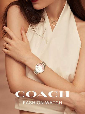 Coach ساعة معصم نسائية بإطار ذهبي وردي بنمط زهري على الواجهة، ساعة أنيقة وفريدة من نوعها بحالة دائرية من الفولاذ المقاوم للصدأ، مقاومة للماء حتى 30 متر، رقم الطراز 14503767