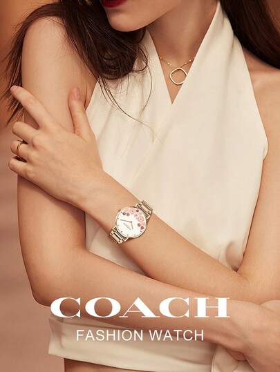 Coach ساعة معصم نسائية بإطار ذهبي وردي بنمط زهري على الواجهة، ساعة أنيقة وفريدة من نوعها بحالة دائرية من الفولاذ المقاوم للصدأ، مقاومة للماء حتى 30 متر، رقم الطراز 14503767