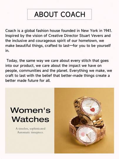 Coach ساعة معصم نسائية بإطار ذهبي وردي بنمط زهري على الواجهة، ساعة أنيقة وفريدة من نوعها بحالة دائرية من الفولاذ المقاوم للصدأ، مقاومة للماء حتى 30 متر، رقم الطراز 14503767