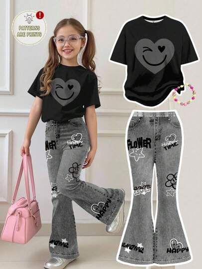 SHEIN Leap Crew مجموعة تي شيرت كم قصير وبنطلون واسع مطبوع بوجوه وقلوب للبنات المراهقات ، ملابس كاجوال مناسبة للارتداء الصيفي، المنزل، النزهات، التصوير في الشارع، الكلية