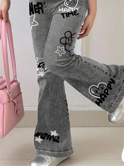 SHEIN Leap Crew مجموعة تي شيرت كم قصير وبنطلون واسع مطبوع بوجوه وقلوب للبنات المراهقات ، ملابس كاجوال مناسبة للارتداء الصيفي، المنزل، النزهات، التصوير في الشارع، الكلية