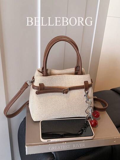 BELLEBORG حقيبة يد نسائية عصرية كاجوال بتباين الألوان، قماش كانفاس وجلد مع إبزيم، متعددة الاستخدامات مع قلادة