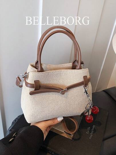 BELLEBORG حقيبة يد نسائية عصرية كاجوال بتباين الألوان، قماش كانفاس وجلد مع إبزيم، متعددة الاستخدامات مع قلادة