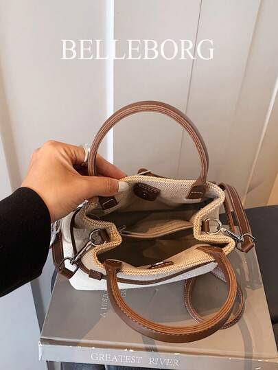BELLEBORG حقيبة يد نسائية عصرية كاجوال بتباين الألوان، قماش كانفاس وجلد مع إبزيم، متعددة الاستخدامات مع قلادة
