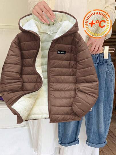 SHEIN Little Byeori معطف شتوي أنيق مزود بقلنسوة مع سحاب طويل الأكمام للفتيان المراهقين، مناسب للتنقل، المدرسة، الأنشطة اليومية، السفر، الرياضة، موسم الخريف/الشتاء ، باللون الأسود