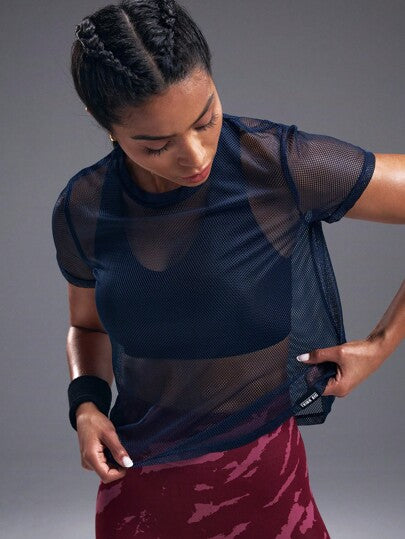 Powerista ملابس علوية شبكي للنساء، ملابس علوية رياضي أزرق لصالة الألعاب الرياضية
