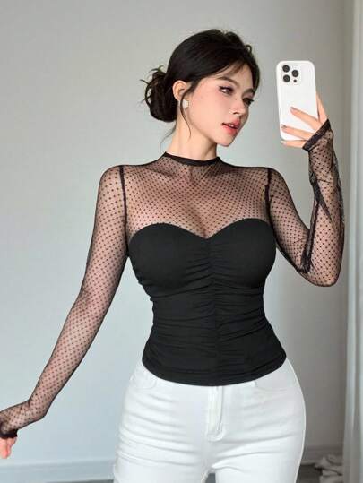 DAZY قميص نسائي بأكمام طويلة من التل المنقط، مناسب للحفلات والزفاف، مناسب للربيع والصيف والخريف