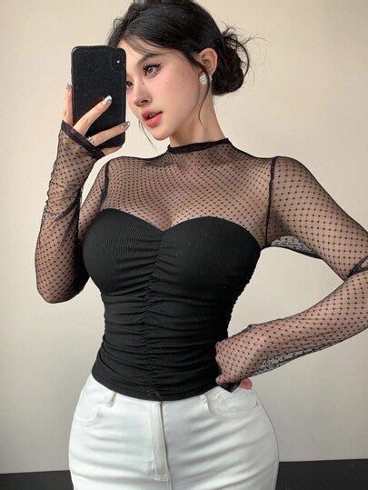 DAZY قميص نسائي بأكمام طويلة من التل المنقط، مناسب للحفلات والزفاف، مناسب للربيع والصيف والخريف
