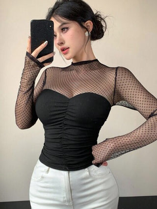 DAZY قميص نسائي بأكمام طويلة من التل المنقط، مناسب للحفلات والزفاف، مناسب للربيع والصيف والخريف