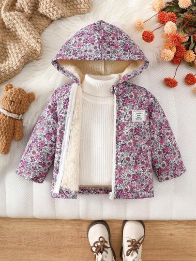 SHEIN Vintaside Kids معطف مقنع بطبعة زهور صغيرة للبنات الرضع، إغلاق بسحاب، بطانة حرارية، ملابس خارجية شتوية عصرية وكاجوال