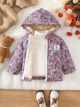 SHEIN Vintaside Kids معطف مقنع بطبعة زهور صغيرة للبنات الرضع، إغلاق بسحاب، بطانة حرارية، ملابس خارجية شتوية عصرية وكاجوال