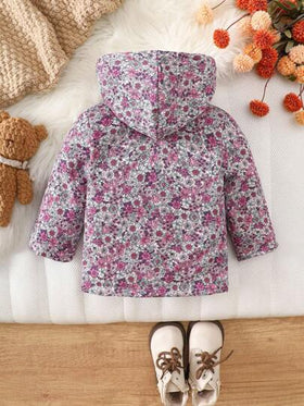 SHEIN Vintaside Kids معطف مقنع بطبعة زهور صغيرة للبنات الرضع، إغلاق بسحاب، بطانة حرارية، ملابس خارجية شتوية عصرية وكاجوال