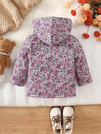 SHEIN Vintaside Kids معطف مقنع بطبعة زهور صغيرة للبنات الرضع، إغلاق بسحاب، بطانة حرارية، ملابس خارجية شتوية عصرية وكاجوال