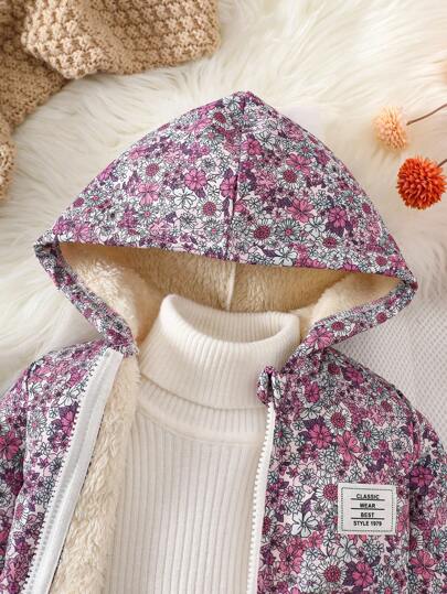 SHEIN Vintaside Kids معطف مقنع بطبعة زهور صغيرة للبنات الرضع، إغلاق بسحاب، بطانة حرارية، ملابس خارجية شتوية عصرية وكاجوال