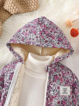 SHEIN Vintaside Kids معطف مقنع بطبعة زهور صغيرة للبنات الرضع، إغلاق بسحاب، بطانة حرارية، ملابس خارجية شتوية عصرية وكاجوال