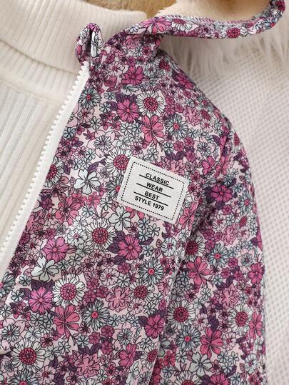SHEIN Vintaside Kids معطف مقنع بطبعة زهور صغيرة للبنات الرضع، إغلاق بسحاب، بطانة حرارية، ملابس خارجية شتوية عصرية وكاجوال