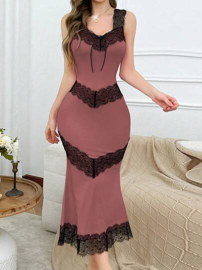 SHEIN ثوب نوم نسائي أنيق من الدانتيل والحرير بتصميم ذيل حورية البحر