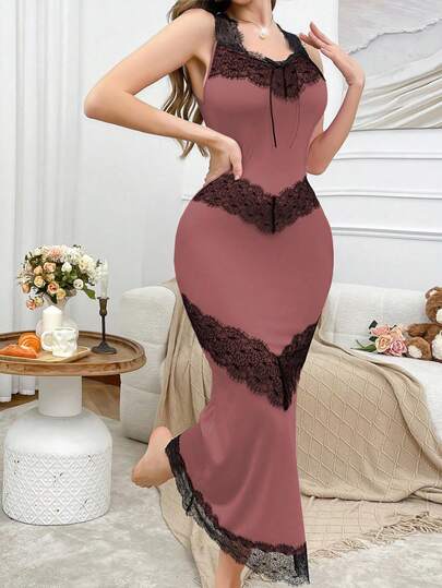 SHEIN ثوب نوم نسائي أنيق من الدانتيل والحرير بتصميم ذيل حورية البحر