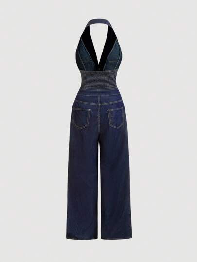 SHEIN MOD جمبسوت جينز للنساء بياقة حول الرقبة وظهر مكشوف