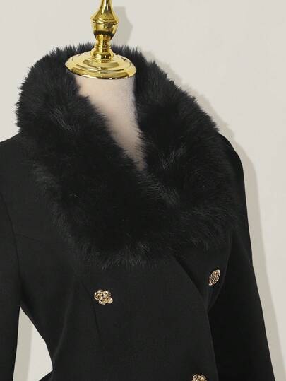 SHEIN ICON معطف أنيق مزخرف بالفرو الاصطناعي ذو قصة مفرقعة وأزرار مزدوجة، مناسب للخريف والشتاء