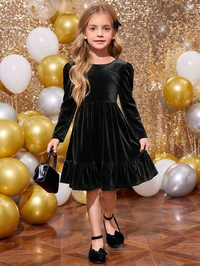 SHEIN فستان بنات صغيرات جميل مزين بفيونكة ثلاثية الأبعاد على الظهر، فستان بسيط أنيق مناسب للخريف والشتاء، للكريسماس، للحفلات، وللبس في أعياد الميلاد
