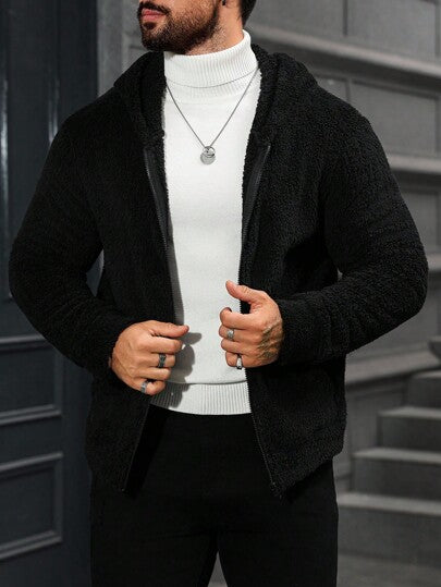 Manfinity CasualCool معطف كاجوال بغطاء رأس ذو لون أحادي، متعدد الاستخدامات للرجال في فصلي الخريف والشتاء، معطف من الفليس للرجال باللون الأسود، معطف تيدي أسود للرجال، معطف بورج للرجال، معطف فليس مزود بسحاب للرجال