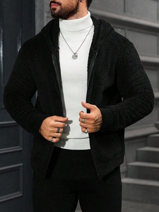 Manfinity CasualCool معطف كاجوال بغطاء رأس ذو لون أحادي، متعدد الاستخدامات للرجال في فصلي الخريف والشتاء، معطف من الفليس للرجال باللون الأسود، معطف تيدي أسود للرجال، معطف بورج للرجال، معطف فليس مزود بسحاب للرجال