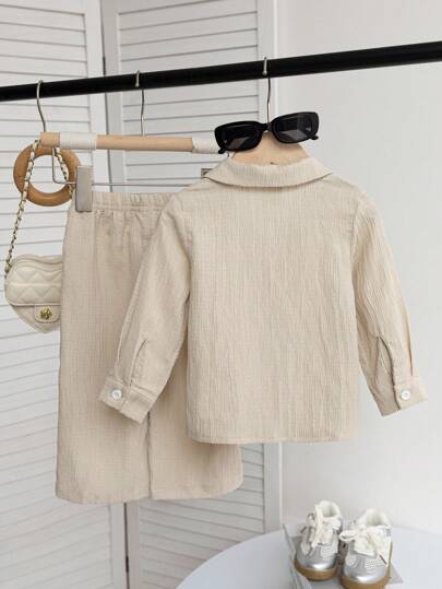 SHEIN Playful Pals طقم بنطلون وقميص كاجوال بسيط لفتيات الرضع في الربيع والخريف، قميص كم طويل بياقة كاجوال بلون المشمش مقترن مع بنطلون بنفس اللون، مناسب للاستخدام اليومي في المدرسة والتنقل