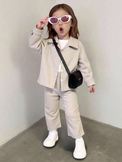 SHEIN Playful Pals طقم بنطلون وقميص كاجوال بسيط لفتيات الرضع في الربيع والخريف، قميص كم طويل بياقة كاجوال بلون المشمش مقترن مع بنطلون بنفس اللون، مناسب للاستخدام اليومي في المدرسة والتنقل