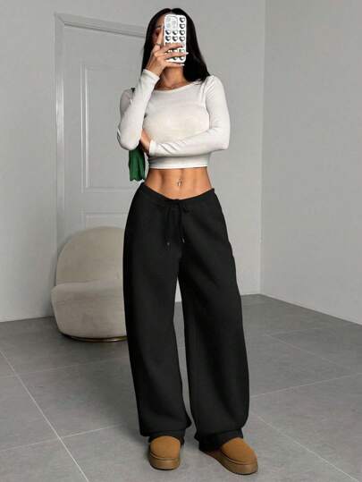 SHEIN EZwear بناطيل رياضية ذات لون أحادي وربطة أمامية، بقصة ساق مستقيمة، للاستخدام اليومي العادي للنساء