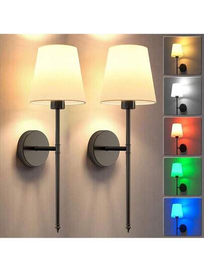 مجموعة إنارة حائط تعمل بالبطارية 2 قطعة مع ظل من القماش، لمبة LED قابلة للشحن، إضاءة لاسلكية قابلة للتعتيم، 3 درجات حرارة لون، 12 لون RGB، مع جهاز تحكم عن بعد، مناسبة لغرفة النوم والصالة والممر