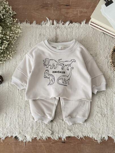 مجموعة بنطلون وبلوزة كاجوال للأطفال الصبيان بطبعة ديناصور مطرزة، كم طويل وياقة طاقم، للربيع/الخريف، 2 قطعة