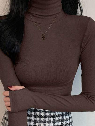 DAZY قميص تي شيرت أساسي بياقة عالية أكمام طويلة لون سادة ملائم للجسم للنساء، خريف وشتاء