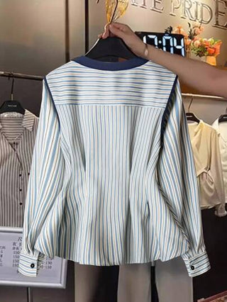 Franclia قميص نسائي بأكمام طويلة وياقة مستديرة وتصميم مناسب، بخطوط متباينة باللون الأزرق، بطراز فرنسي بسيط وأنيق للاستخدام اليومي