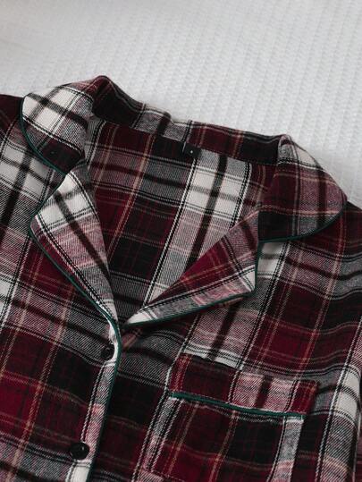SHEIN مجموعة بيجامة كاجوال قطعتين من البلوزة والبنطلون ذات الرسمة المربعة الحمراء والبيضاء، ملابس خريف وشتاء