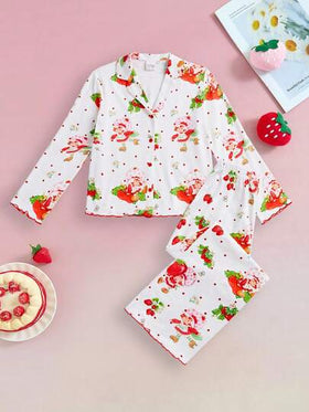 Strawberry Shortcake X SHEIN طقم بيجامة مكون من 2 قطعة (كارديجان أبيض وبنطلون) بطراز كاجوال وأنيق للفتيات المراهقات، بنمط فراولة كرتوني لطيف، مناسب للربيع والخريف والشتاء