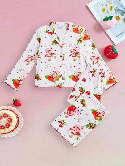 Strawberry Shortcake X SHEIN طقم بيجامة مكون من 2 قطعة (كارديجان أبيض وبنطلون) بطراز كاجوال وأنيق للفتيات المراهقات، بنمط فراولة كرتوني لطيف، مناسب للربيع والخريف والشتاء