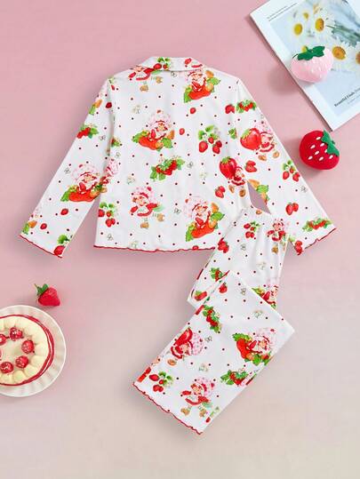Strawberry Shortcake X SHEIN طقم بيجامة مكون من 2 قطعة (كارديجان أبيض وبنطلون) بطراز كاجوال وأنيق للفتيات المراهقات، بنمط فراولة كرتوني لطيف، مناسب للربيع والخريف والشتاء