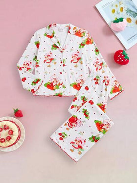 Strawberry Shortcake X SHEIN طقم بيجامة مكون من 2 قطعة (كارديجان أبيض وبنطلون) بطراز كاجوال وأنيق للفتيات المراهقات، بنمط فراولة كرتوني لطيف، مناسب للربيع والخريف والشتاء
