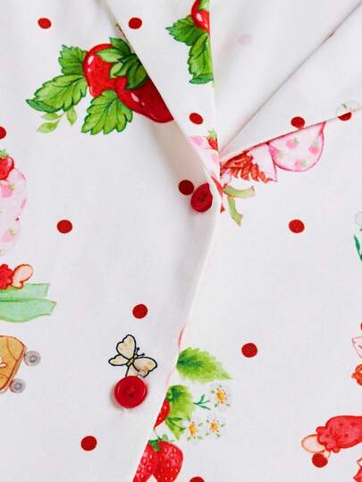 Strawberry Shortcake X SHEIN طقم بيجامة مكون من 2 قطعة (كارديجان أبيض وبنطلون) بطراز كاجوال وأنيق للفتيات المراهقات، بنمط فراولة كرتوني لطيف، مناسب للربيع والخريف والشتاء