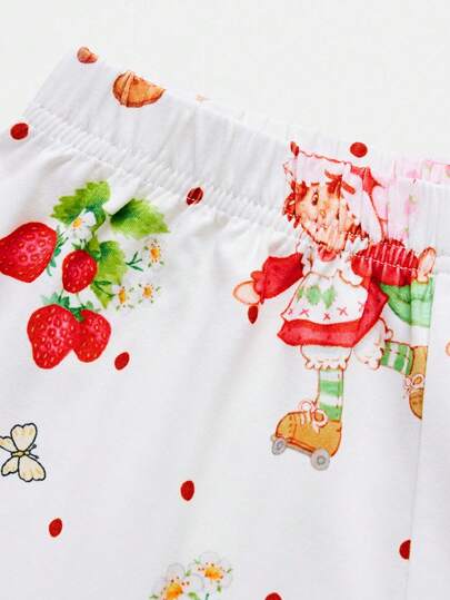 Strawberry Shortcake X SHEIN طقم بيجامة مكون من 2 قطعة (كارديجان أبيض وبنطلون) بطراز كاجوال وأنيق للفتيات المراهقات، بنمط فراولة كرتوني لطيف، مناسب للربيع والخريف والشتاء