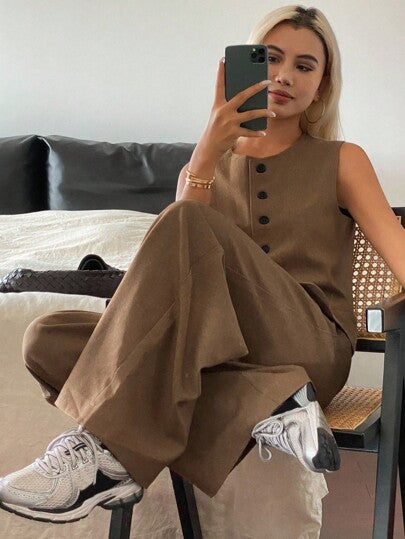 DAZY طقم بنطلون واسع الساق وسترة بلون أحادي للنساء، موسم الخريف